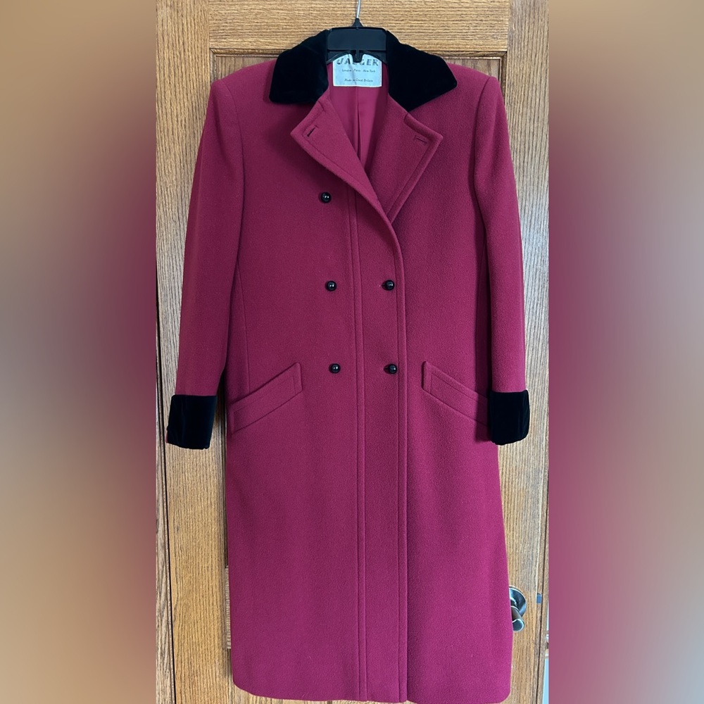 Jaeger Double Breasted Full Length Wool Coat, Size 10, Deep Pink/Red. Vintage!